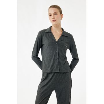 Pijama cu pantaloni lungi si revere decupate - Gri inchis
