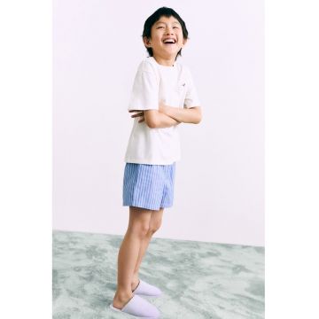 Pijama cu pantaloni scurti din bumbac cu model in dungi - Alb/Alb fildes/Albastru prafuit