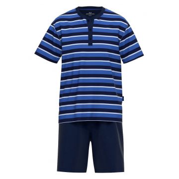 Pijama cu pantaloni scurti - model in dungi si decolteu Henley - Albastru
