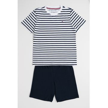 Pijama cu pantaloni scurti si banda logo in talie - Alb/Bleumarin