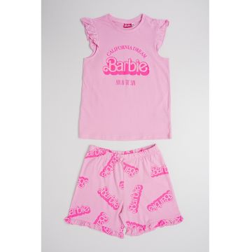 Pijama cu pantaloni scurti si imprimeu Barbie - Fucsia/Roz pastel