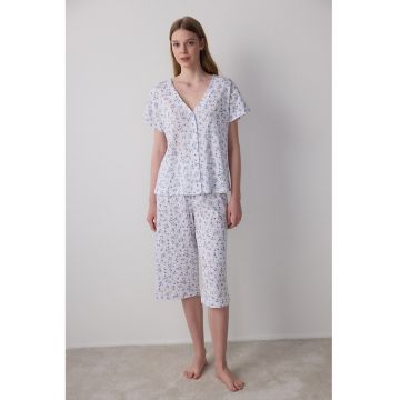 Pijama cu pantaloni scurti si imprimeu floral - Alb/Albastru pastel