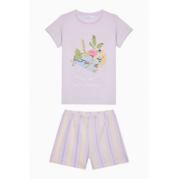 Pijama cu pantaloni scurti si imprimeu grafic - Bej/Lila