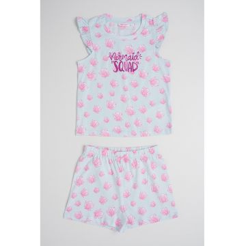 Pijama cu pantaloni scurti si model grafic - 2 piese - Albastru glaciar/Roz