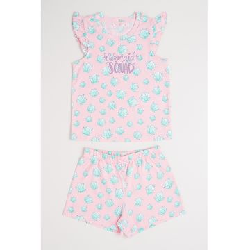 Pijama cu pantaloni scurti si model grafic - 2 piese - Roz pastel/Verde menta