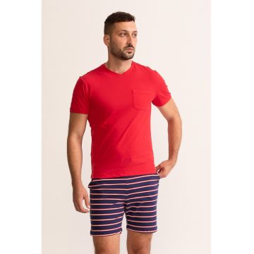 Pijama cu pantaloni scurti si model in dungi Maurice - Rosu/Alb/Bleumarin