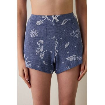 Pijama cu pantaloni scurti - talie inalta si model floral - Albastru prafuit