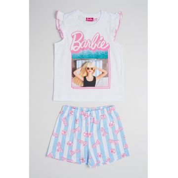Pijama de bumbac cu imprimeu Barbie - Alb/Roz/Albastru