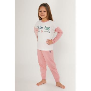 Pijama de bumbac cu imprimeu logo - Alb fildes/Roz pastel