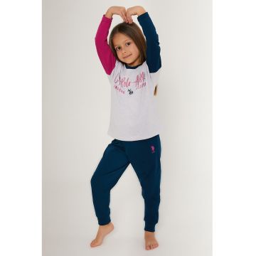 Pijama de bumbac cu imprimeu logo - Roz zmeuriu/Gri deschis melange/Bleumarin