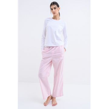 Pijama de bumbac cu maneci lungi - Roz pastel/Alb optic