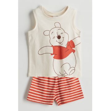 Pijama de bumbac cu model cu desene - Alb fildes/Portocaliu mandarina