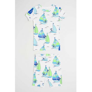 Pijama de bumbac organic cu pantaloni scurti - Alb/Verde/Albastru