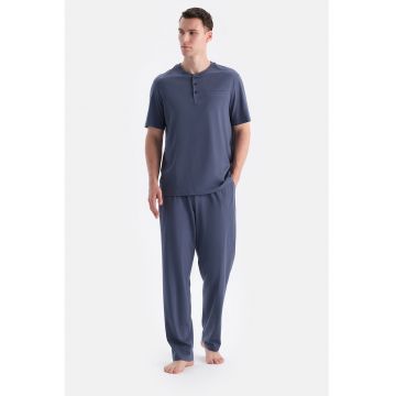 Pijama de bumbac si modal - Albastru prafuit