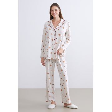 Pijama din amestec de bumbac cu imorimeu - Alb/Rosu inchis/Maro deschis