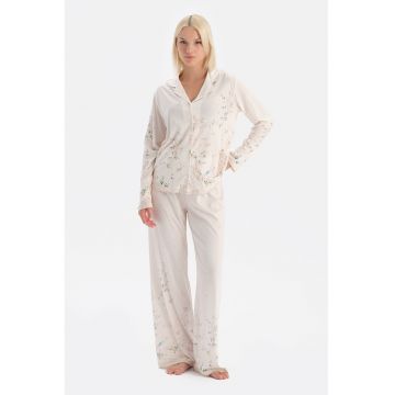 Pijama din amestec de modal cu imprimeu floral - Verde pal/Alb murdar