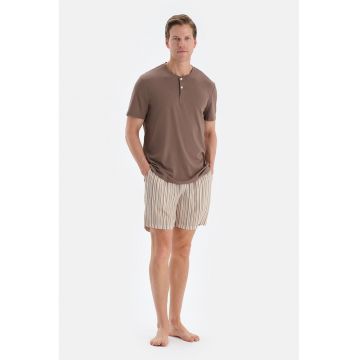 Pijama din amestec de modal cu pantaloni scurti - Alb/Maro deschis