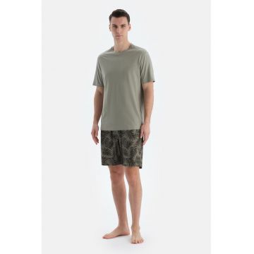 Pijama din amestec de modal si bumbac cu pantaloni scurti - Negru/Kaki