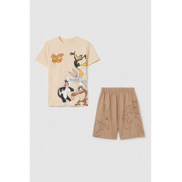 Pijama din bumbac cu imprimeu desene animate - Maro nisip/Maro camel