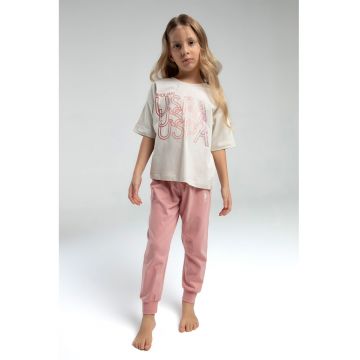 Pijama din bumbac cu imprimeu logo - Roz prafuit/Bej deschis