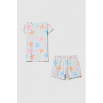 Pijama din bumbac cu imprimeu - Portocaliu/Albastru glaciar/Roz