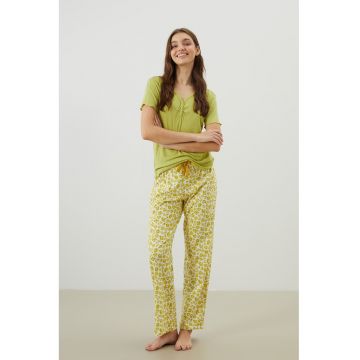 Pijama din bumbac cu maneci scurte - Verde masliniu