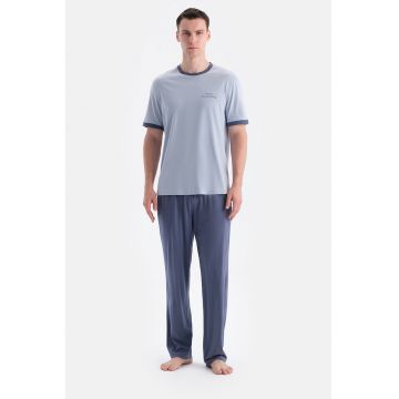 Pijama din bumbac si modal - Albastru prafuit/Albastru deschis