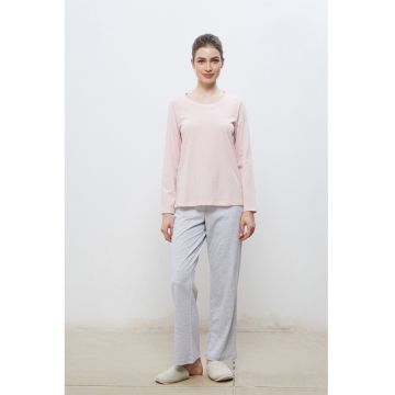Pijama lunga cu decolteu rotund - Gri melange/Roz pal