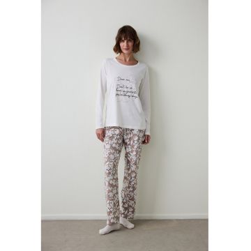 Pijama lunga cu imprimeu floral - Alb/Maro