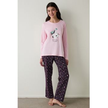Pijama lunga cu imprimeu - Negru/Roz