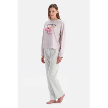 Pijama regular fit cu imprimeu grafic - Alb/Roz pal