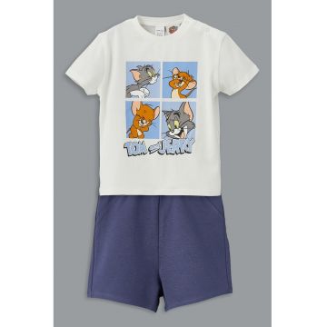Pijama scurta cu imprimeu cu desene animate - Albastru pastel/Albastru indigo/Alb murdar