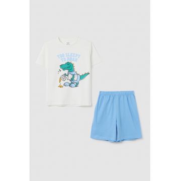 Pijama scurta cu imprimeu cu dinozaur - Alb murdar/Albastru deschis