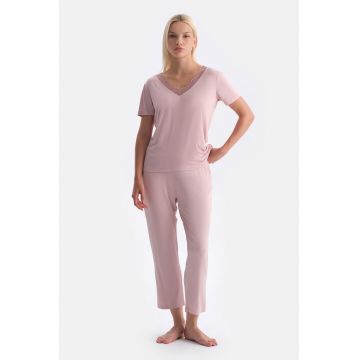 Pijama slim fit cu model uni - Roz prafuit