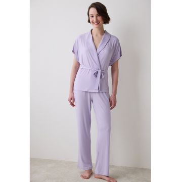 Pijama striata cu cordon in talie - Lila