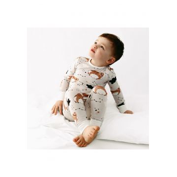 Pijamale 2 piese - material din bambus -  - Sloth - Gri cu Ursuleti Maro - pentru fetite si baietei - Gri deschis