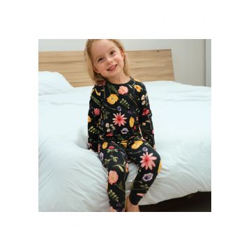 Pijamale 2 piese - material din bambus -  - WildFlower - Verde Inchis cu floricele Multicolore - pentru fetite - Verde inchis