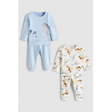 Pijamale lungi cu dinozaur - 2 perechi - Maro/Bej/Albastru azur