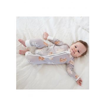 Pijamale lungi din bambus cu fermoar reversibil -  - Bunny Rabbit - Gri cu model Iepurasi - pentru fetite si baietei