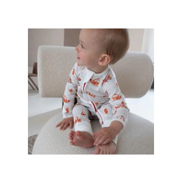 Pijamale lungi din bambus cu fermoar reversibil -  - FireTruck - Alb cu Portocaliu - pentru baieti - Gri deschis/Portocaliu