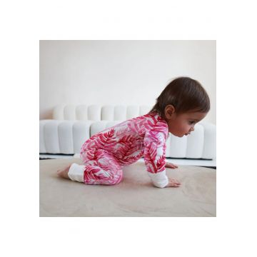 Pijamale lungi din bambus cu fermoar reversibil -  - Pink Ferns - Alb cu Frunze Roz - pentru fetite