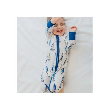 Pijamale lungi din bambus cu fermoar reversibil -  - Sailing - Alb si Albastru cu barcute - pentru baieti - Alb/Albastru