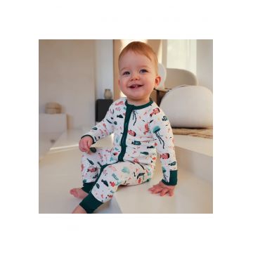Pijamale lungi din bambus cu fermoar reversibil -  - Under The Sea - Alb cu Verde - pentru fetite si baietei