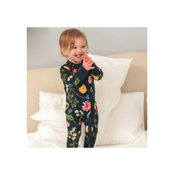 Pijamale lungi din bambus cu fermoar reversibil -  - WildFlower - Verde Inchis - pentru fetite