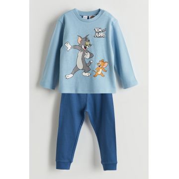 Set de bluza si pantaloni din bumbac cu imprimeu cu desene animate - Albastru royal/Albastru deschis