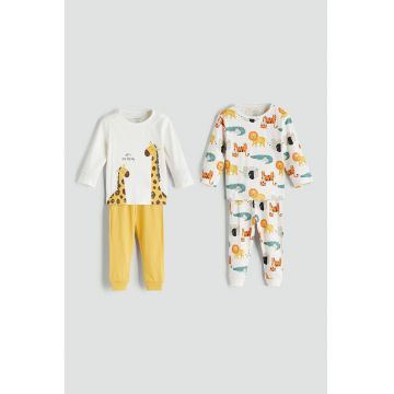 Set de pijamale lungi cu imprimeu - 4 piese - Galben/Alb murdar