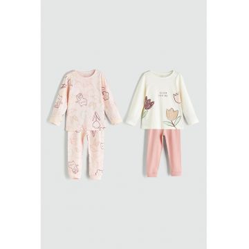 Set de pijamale lungi cu imprimeu - 4 piese - Roz deschis/Alb murdar