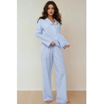 Set pijamale  bumbac cu dungi - albastru - maneci lungi - guler clasic