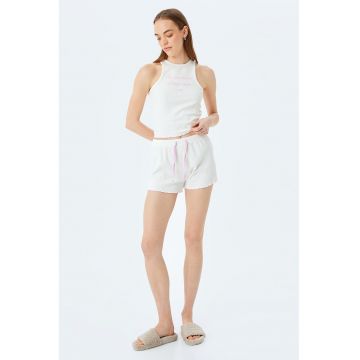 Top crop de pijama slim-fit cu text brodat si model striat - Alb murdar