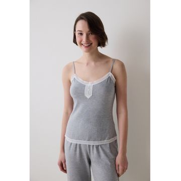 Top de pijama cu insertii de dantela - Gri melange